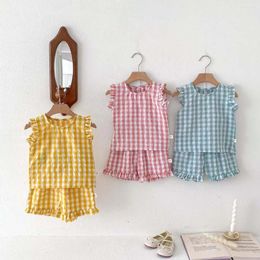 Clothing Sets Ins 2024 Korean Summer Baby Girls 2PCS Clothes Set Cotton Plaid Sleeveless Tops Thin Casual Shorts Suit Toddler Outfits