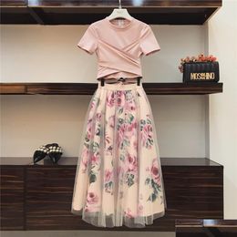 Womens Tracksuits Summer Women New Fashion Irregar Cross Bow Tie T-Shirt Add Vintage Flower Print Skirt Girl Lady Two-Pieces Sets Vest Dh1J2