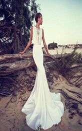 Glamorous Liz Martinez Wedding Dresses Boho Lace Jewel Neck Backless Mermaid Satin Court Train Beach White Bridal Gowns3876896