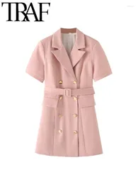 Party Dresses GAL 2024 Spring Y2k Pink Office Women Blazer Dress With Belt Buttons Short Sleeve Slim Robe A-Line Female Mini