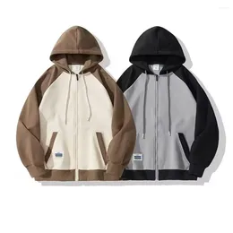 Men's Hoodies Contrasting Colour Coat Hooded Plush Winter With Zipper Closure Drawstring Pockets Thick Loose-fit Mid-length For Fall