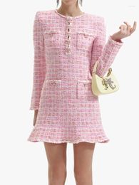 Casual Dresses 2024 Spring Women Pink Ruffles Tweed Mini Dress Plaid Sweet Long Sleeve Ladies Round Neck Knitted Robe