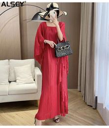 Casual Dresses ALSEY Miyake Pleated Tassel Dress Spring Fall Bat Sleeve Loose Slim Square Elegant Fashion Neck Long Skirt Woman Clothing