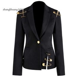 Women Blazer Jacket 2024 Pins Deco Hollow Out Slim Single Button High Street Coat 2021 Women's Suits & Blazers 's s