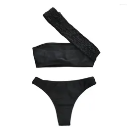 Women's Swimwear Summer Bikini Set Stylish Braided Rope Strap With High Waist Swim One Shoulder Bandeau Beachwear For Women Split