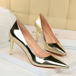 Women Mteallic Bronze Leather Pumps 75cm 105cm High Heels Lady Stiletto Middle Wedding Bridal Gold Silver Event Shoes 240311