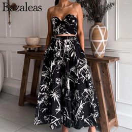 Work Dresses 2024 Bazaleas Store Women's Black Floral Print Strapless Bustier Midi Skirt Two Piece Sets Suit Official Clothing