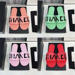 Woman Slippers Genuine Leather Flat Sandals Pink Green Blue Summer Fashion Beach Letter Drag Nude Black White Brown Matte Womens Slipper