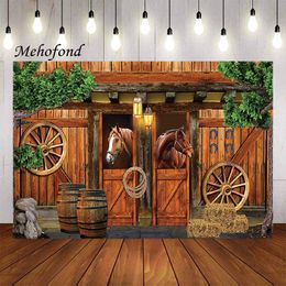 Mehofond Western Cowboy Photography Background Horse Rustic Farm Wood Barn Door Kids Birthday Party Decor Backdrop Photo Studio