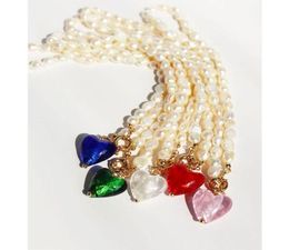 Real Baroque Pearl Necklace With Heart Charm Pink Blue Red Green Crystal Love Pendant Summer Bohemia Outer Banks Necklaces7354955