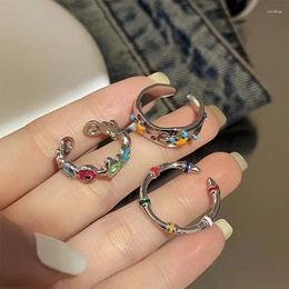 Cluster Rings Fashion Colourful Flower Star For Women Girls Korean INS Personality Bamboo Joint Silver Colour Opening Finger Ring Jewellery