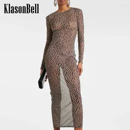 Casual Dresses 3.2 KlasonBell Elegant Black White Polka Dot Print Sheer Mesh Breathable O-Neck Slim Maxi Dress Women