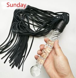 Genuine leather Whip 22cm glass dildo anal plug flogger Spanking Bondage Slave Fetish Sex Toys couples Adult Game7242678