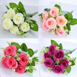 Decorative Flowers 6 Heads Simulated Roses Fake Silk Cloth Flower Plant Bonsai Wedding Decoration Home Living Room Table Bridal Bouquet