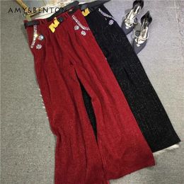 Women's Pants Heavy Industry Beads Mid-High Waist Slimming Bright Silk Year Red Straight Wide Leg Long Trousers Winter Clothes Women