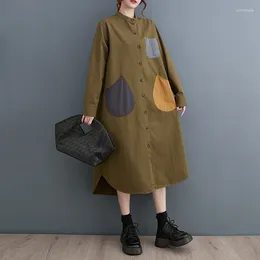 Casual Dresses Korea Japanese Style Stand Collar Patchwork Pockets Chic Girl Loose Autumn Trench Dress Street Fashion Women Spring