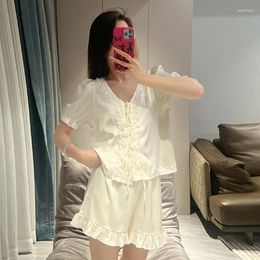 Home Clothing Lace Trim Pyjamas Suit Shirt Shorts Clothes Women Sleepwear Short Sleeve 2Pcs Pyjamas Set Casual Femme Nightwear