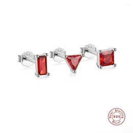 Stud Earrings Aide 925 Sterling Silver 3pcs Square Rectangle Triangle Red Zircon Set For Women Garnet Geometric Cartilage Studs
