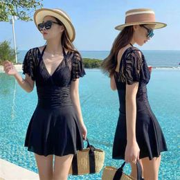 Women's Swimwear Korean 2024 Women Solid Sexy Lace Backless Beach One Piece Swimsuit With Short Skirt Bikini