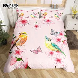 Bedding Sets Cute Birds Duvet Cover King Size Pink Peach Flower Set Polyester Bird Butterfly Wild Animal Comforter For Boy Girl