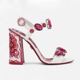 Sculpted block heel Sandals Crystal decoration Printing Leather open toe heels women's luxury designers Patent Leather Fashion Evening shoes factory footwear