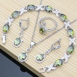 Bracelets Women Sterling Jewelry Sets Olive Green Topaz Long Earrings Bracelet Necklace Sets Wedding Anniversary Party Gift for Her