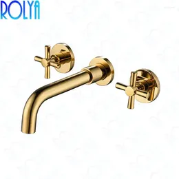 Bathroom Sink Faucets ROLYA Double Cross Handles Golden Faucet In Wall Mounted Basin Mixer Tap Set