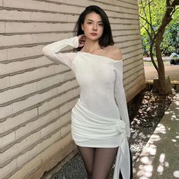 Casual Dresses Lygens See Through Floral Pattern Ruched Asymmetrical Long Sleeve Elegant Dress Y2K Streetwear Wholesale Korean Clothing