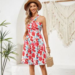 2024 새로운 여름 패션 인쇄 드레스 소매 섹시한 짧은 해변 드레스 여성