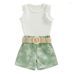 Clothing Sets Baby Girls Summer 2 Piece Outfit Ruffle Tank Tops And Floral Print Shorts With Belt Fashion Cute Clothes