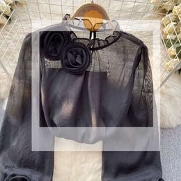 Женские блузки Французская шикарная женская блузка Модные 3D цветочные длинные пышные рукава с отложным воротником на шнуровке Осенние возрастные женские топы 677