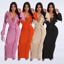 Casual Dresses Style Women Ruffles Party Dress Sexy Deep V Neck Lace-up Long Sleeves Stretchy Sheath Drop
