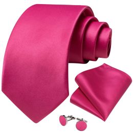 DiBanGu New Hot Pink Solid Silk Ties for Men Pocket Square Cufflinks Gift Wedding Party Accessories 8cm Necktie Set Wholesale