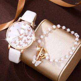 Relógios de pulso 2 pçs / set moda mulheres vestido de quartzo relógio pulseiras elegante pulseira de couro pu casual relógio de pulso feminino relogio feminino saati