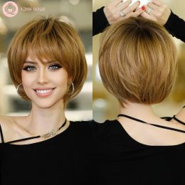 Wigs 7JHH WIGS Short Straight Bob Wig Ombre Blonde Wig for Black Women Daily Natural Synthetic Hair Wig with Bangs Heat Resistant