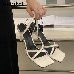 Sandals Aneikeh Patent Leathe Cross Design Mid Heel 2024 Women's Square Head Open Toe Slim Heels Summer Casual 35-39