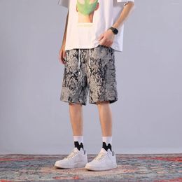 Men's Shorts Summer Men Denim Jacquard Camouflage Pattern Knee Length Jeans Drawstring Elastic Waist Stretch Loose Casual Short