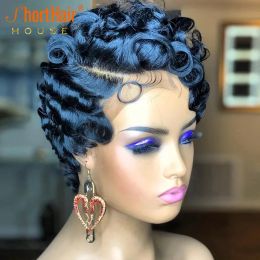 Wigs Short Bob Pixie Cut Human Hair Wig Black/Blonde/Brown Coloured Curly None Lace Frontal Wigs for Women