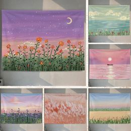 Tapestries Field Lakeside Scenery Tapestry Room Decoration Beautiful Wall Hanging Girl Pink