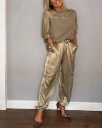 Spring Summer Fashion Solid Color Satin Two Piece Set Women Round Neck Long sleeved Top Pants Casual Loose 240321