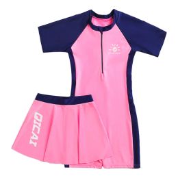 set Conservative Front Zipper Girls Swimwear With Skirt Kids Swimsuit For Girls Teen Short Sleeve Bathing Suit Fatos De Banho Menina