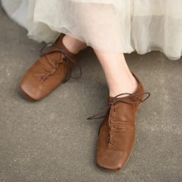 Casual Shoes Artmu Genuine Leather Designers Lace Up Women Slip On Flat Heels Soft Soles Luxury 2024 Pleated Elegant Flats Ladies