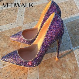 Pumps Veowalk Glitter Purple Sequined Women Pointy Toe High Heel Wedding Party Shoes Sparkly 812cm Stiletto Pumps Big Size 3345