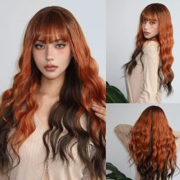 Wigs Long Curly Orange Brown Synthetic Wavy Wigs with Bangs Ginger Cosplay Party Wig for Women Afro Natural Hair Heat Resistant