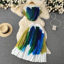 Party Dresses Women Vintage Two Pieces Sets Print Casual Tees Crop Top With Elegant Pleated Full Skirt Korean Fashion T Shirt Summer