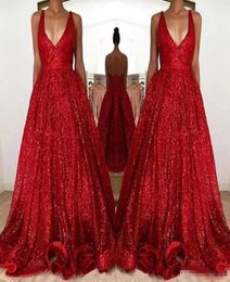 Sexy Red Sparkly Sequined Prom Dresses Long Deep VNeck Sleeveless Backless A Line Cheap Evening Party Gowns3887138