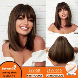 Wigs Brown Blonde Bob Synthetic Wig Shoulder Length Straight Wig With Bangs for Women Daily Cosplay Hair Wig Heat Resistant Fibre