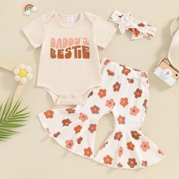 Clothing Sets 2024-12-18 Lioraitiin Toddler Baby Girl Summer Outfit Short Sleeve Letter Print Romper Elastic Waist Flare Pants Headband Set