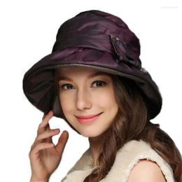 Berets Wide Brim Winter Hats For Women Foldable Warm Cap Elegant Bow Lady Vintage Chapeu Fedora Thicken Double Layer Hat