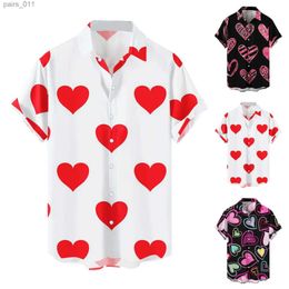 Men's Casual Shirts Hawaiian Mens Shirts Men Casual Button Shirts Korean Fashion Valentine Day Love Print Short-sleeve Beach Blouses Tops Camicias 240402